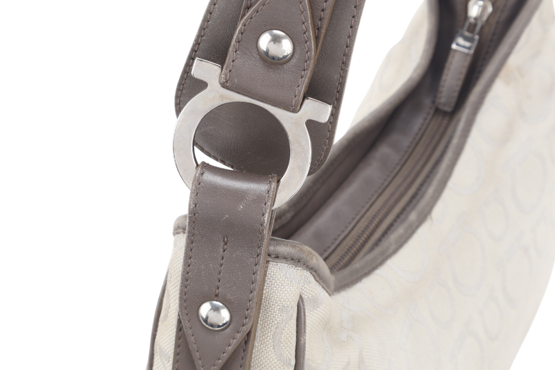 SALVATORE FERRAGAMO GANCINI GREY CANVAS WITH BROWN LEATHER LINING SILVER HARDWARE WITH DUST COVER