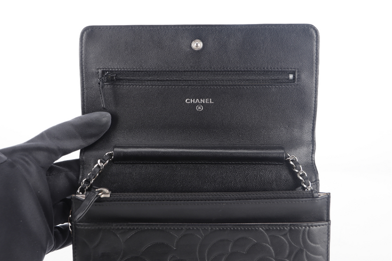 CHANEL CAMELLIA W.O.C (1609xxxx) BLACK EMBOSSED LAMBSKIN SILVER HARDWARE  WITH CARD AND BOX