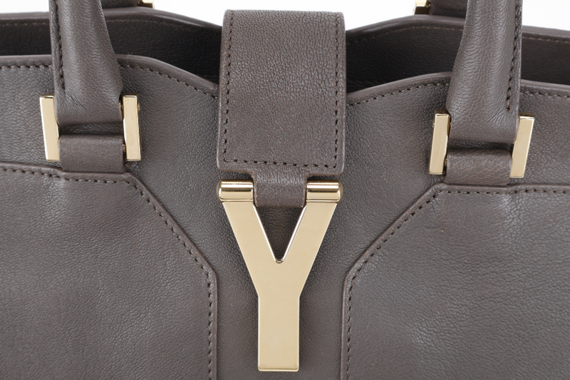 YVES SAINT LAURENT (YSL) CABAS Y LIGNE DARK GREY LEATHER GOLD HARDWARE WITH DUST COVER AND STRAPS