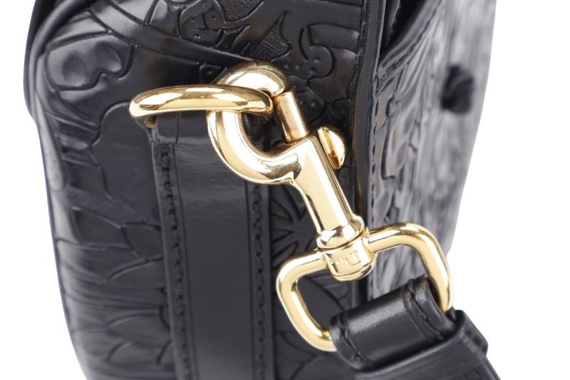 CHRISTIAN DIOR BOBBY FLORAL MOTIF (05-RU-0211) MEDIUM BLACK LEATHER GOLD HARDWARE WITH STRAPS, CARD AND BOX