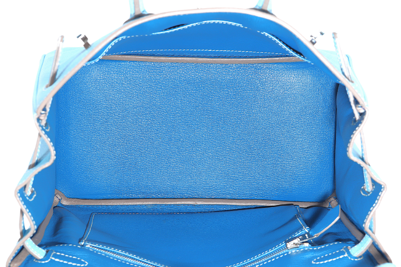 HERMES BIRKIN 25 BLUE CELESTE, BLUE THALASSA EPSOM LEATHER SILVER HARDWARE STAMP O (YEAR 2011) NO KEYS, NO LOCK WITH DUST COVER