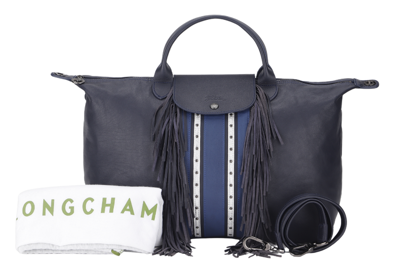 LONGCHAMP LE PLIAGE DARK BLUE LEATHER WITH FRINGE WITH STRAP & DUST COVER