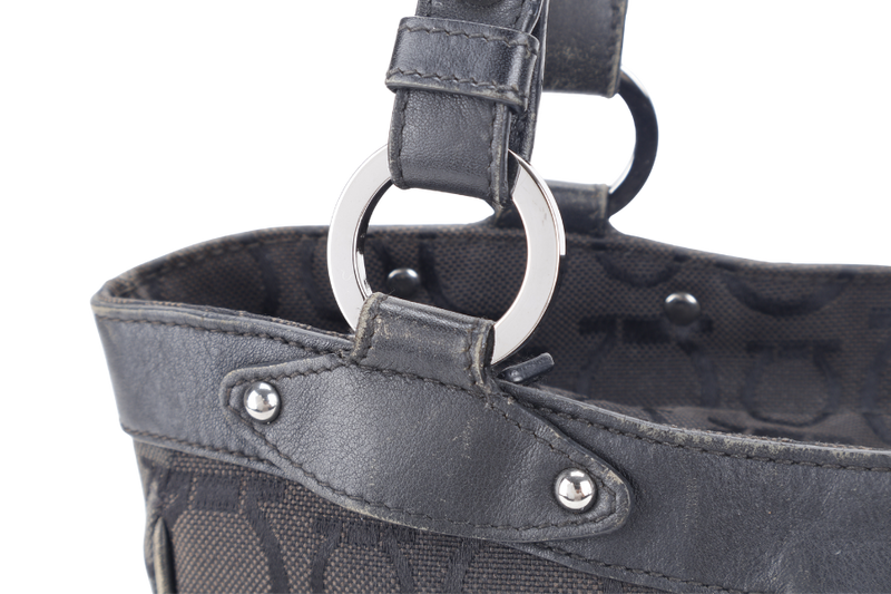 SALVATORE FERRAGAMO BLACK TOTE CANVAS WITH LEATHER LINING SILVER HARDWARE NO DUST COVER