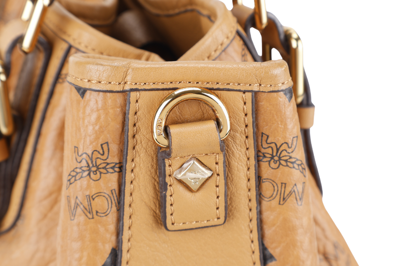 MCM VISETOS TWO WAY BAG BROWN CALFSKIN LEATHER GOLD HARDWARE WITH STRAPS, DUST COVER AND CARD