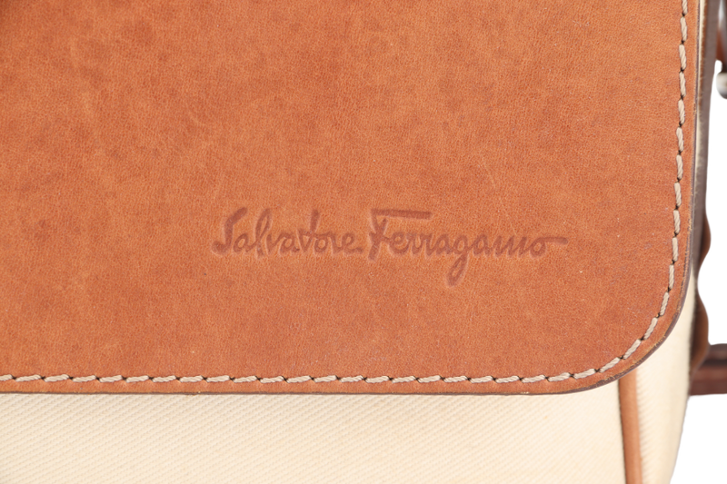 SALVATORE FERRAGAMO MESSENGER BAG SPRING 2012 MENSWEAR BROWN LEATHER WITH CANVAS SILVER HARDWARE NO DUST COVER