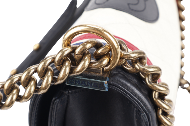 CHANEL LEBOY (2191xxxx) CREST BLACK, RED, WHITE & BLUE LAMBSKIN LEATHER GOLD HARDWARE WITH BOX