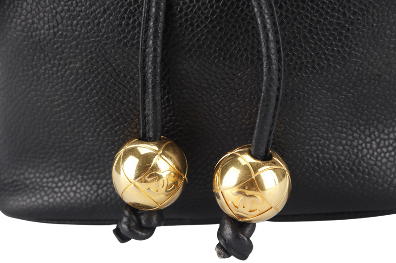 CHANEL VINTAGE BLACK CAVIAR MINI SLING BUCKET BAG WITH FLAP GOLD HARDWARE NO CARD, NO DUST COVER