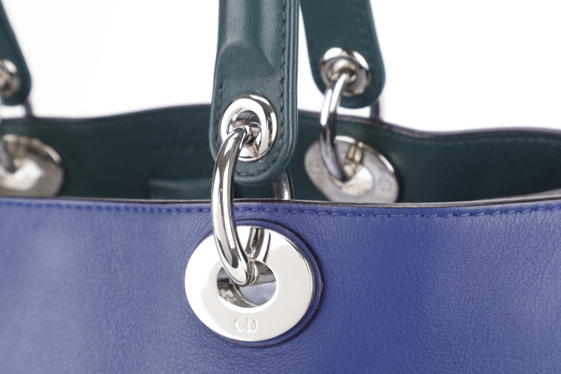 CHRISTIAN DIOR DIORISSIMO TOTE MEDIUM TRICOLOR BLUE-BLACK-GREEN SILVER HARDWARE (09-MA-0175) WITH STRAPS
