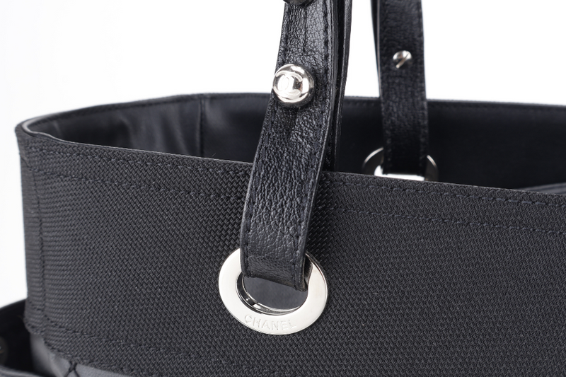 CHANEL PARIS BIARRITZ TOTE BAG BLACK COATED CANVAS SILVER HARDWARE (1407xxxx) WITH CARD AND DUST COVER