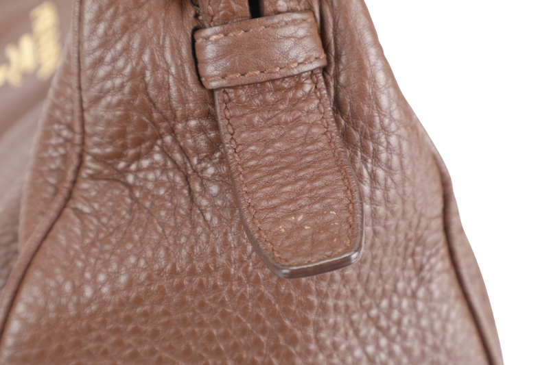 PRADA ZIP TOP HOBO VITELLO DAINO BAG LARGE BROWN LEATHER GOLD HARDWARE NO DUST COVER