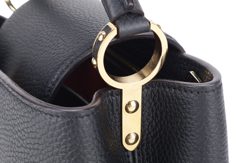 LOUIS VUITTON CAPUCINES BB BLACK CALFSKIN LEATHER GOLD HARDWARE WITH LEATHER STRAPS AND DUST COVER