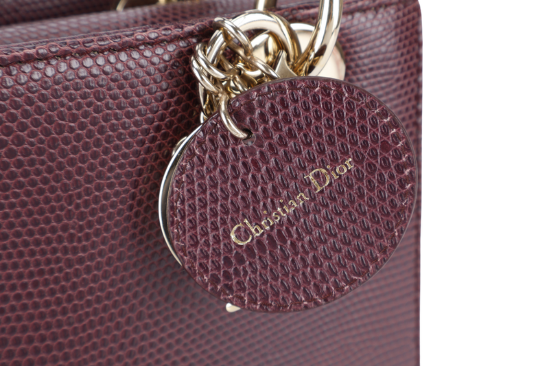 CHRISTIAN DIOR LADY DIOR MINI BURGUNDY LIZARD SKIN GOLD HARDWARE WITH STRAPS, CITIES REPORT AND DUST COVER