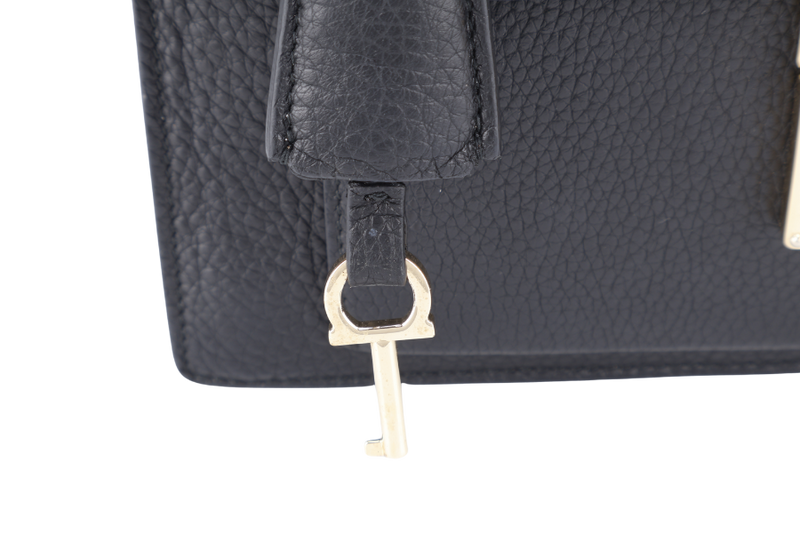 SALVATORE FERRAGAMO BLACK LEATHER GOLD HARDWARE WITH DUST COVER, BOX AND KEY POCHETTE