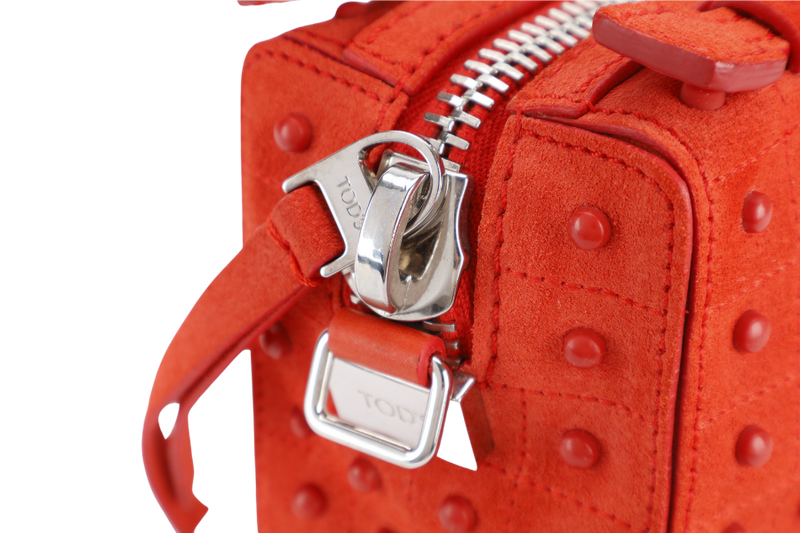 TODS RUBBERSTUD CROSSBODY SLING BAG ORANGE SUEDE SILVER HARDWARE WITH STRAPS AND DUST COVER