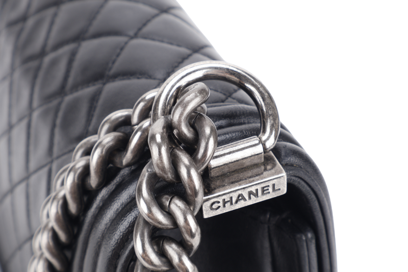 CHANEL LEBOY NEW MEDIUM BLACK LAMBSKIN LEATHER SILVER HARDWARE (2310xxxx) WITH DUST COVER AND BOX