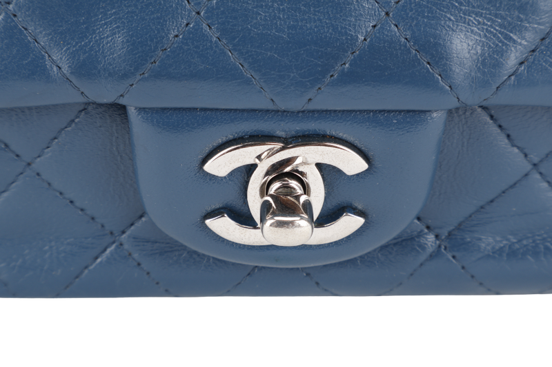 CHANEL BLUE LAMBSKIN MINI RECTANGLE CLASSIC FLAP (1762xxxx) SILVER HARDWARE WITH DUST COVER