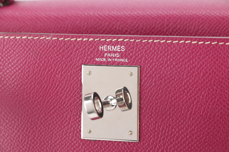 HERMES KELLY 28 CANDY VERSO TOSCA AND ROSE TYRIEN COLOR EPSOM SILVER HARDWARE STAMP O (YEAR 2011) WITH KEYS, LOCK, STRAP AND DUST COVER