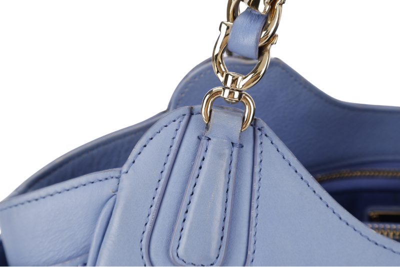 SALVATORE FERRAGAMO MELINDA TOTE BAG SMALL LIGHT BLUE LEATHER GOLD HARDWARE WITH DUST COVER