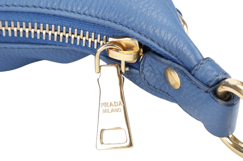 PRADA ZIP TOP HOBO VITELLO DAINO BAG LARGE BLUE LEATHER GOLD HARDWARE NO DUST COVER