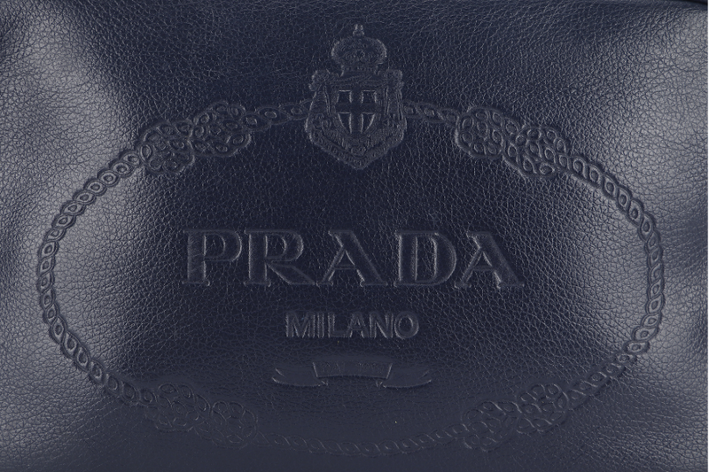 PRADA CAMERA CROSSBODY BAG (1BH089) NAVY BLUE GLACE CALF LEATHER GOLD HARDWARE WITH DUST COVER AND CARD