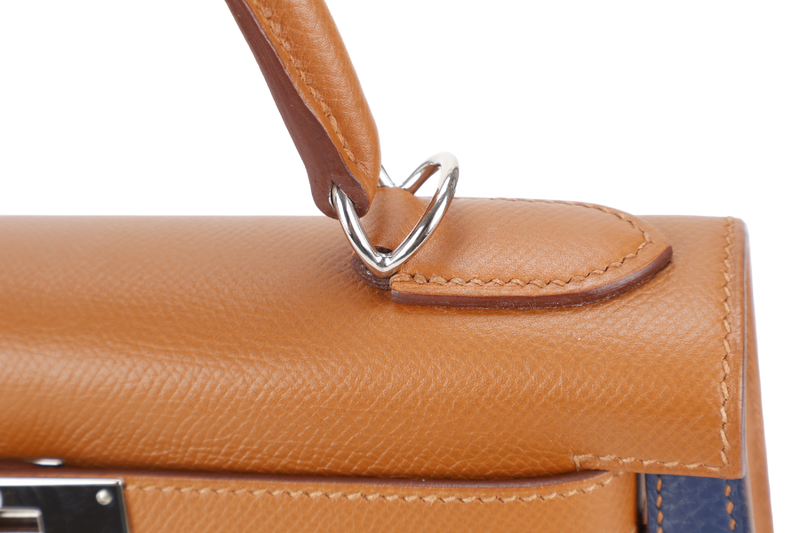 HERMES KELLY 28 SELLIER LETTRE S GOLD, BLUE CELESTE,BLUE SAPPHIRE IN EPSOM, CHEVRE, CLEMENCE LEATHER SILVER HARDWARE STAMP C (YEAR 2018) WITH KEY, STRAPS, DUST COVER, NO LOCK