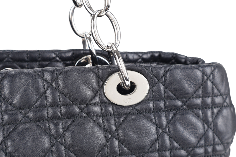 CHRISTIAN DIOR CANNAGE SHOPPING TOTE LARGE BLACK LAMBSKIN SILVER HARDWARE WITH DUST COVER