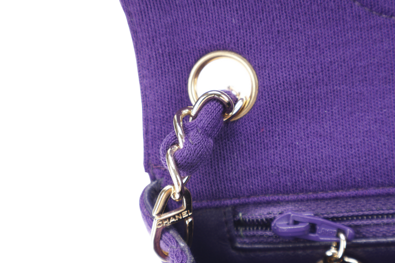 CHANEL CLASSIC FLAP MINI SQUARE (648xxxx) PURPLE JERSEY GOLD HARDWARE WITH DUST COVER AND CARD