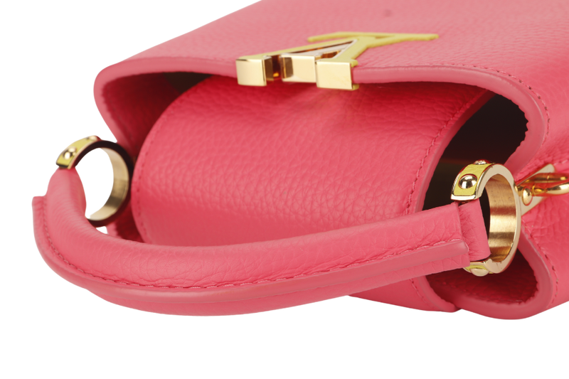 LOUIS VUITTON MINI CAPUCINES (M59440) PINK-LIME TAURILLON LEATHER GOLD HARDWARE MICROCHIP WITH STRAP, DUST COVER AND BOX