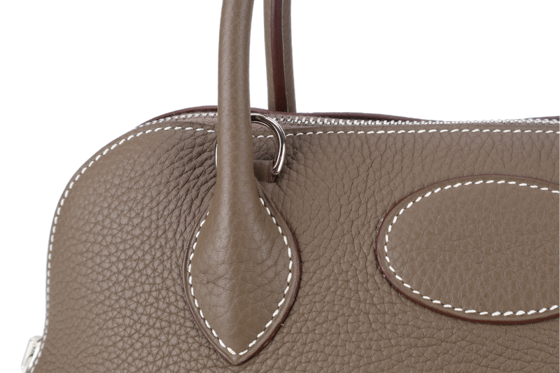 HERMES BOLIDE 31 TAUPE CLEMENCE LEATHER SILVER HARDWARE STAMP A (YEAR 2017) WITH STRAPS, DUST COVER AND BOX