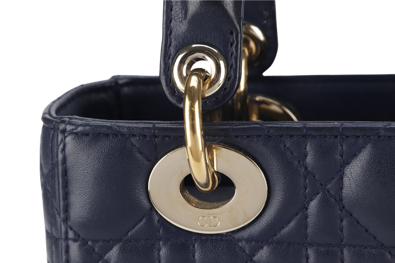 CHRISTIAN DIOR LADY DIOR SMALL (01-RU-1117) NAVY BLUE CANNAGE LAMBSKIN GOLD HARDWARE WITH STRAP, DUST COVER AND BOX