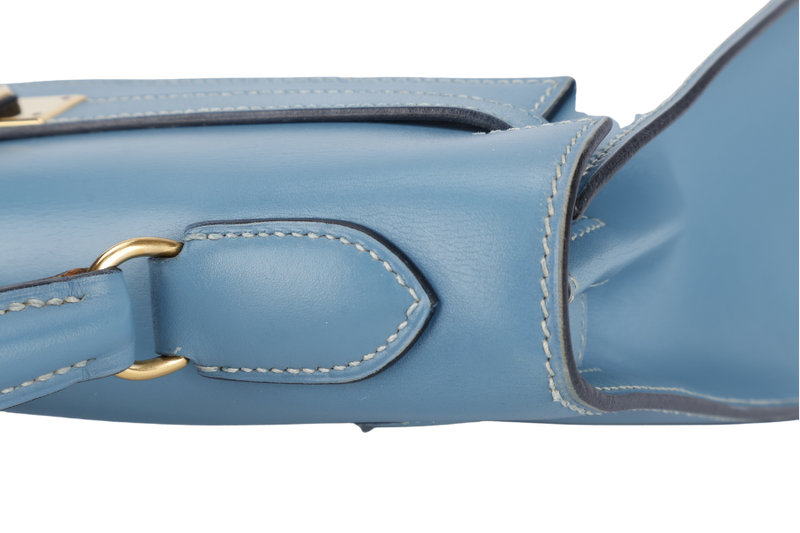 HERMES KELLY 32 BLUE JEAN BOX LEATHER GOLD HARDWARE STAMP A (YEAR 1997) WITH STRAPS, KEYS AND LOCK