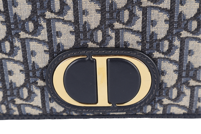 CHRISTIAN DIOR MONTAIGNE 2 IN 1/W.O.C BLUE NAVY OBLIQUE JACQUARD GOLD HARDWARE WITH CHAIN STRAPS, LEATHER STRAPS , DUST COVER AND BOX