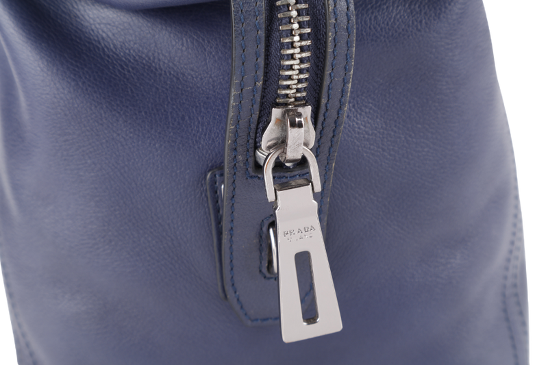 PRADA BR4998 BLUE LARGE LEATHER BOSTON BAG SILVER HARDWARE WITH KEYS & LOCK NO DUST COVER