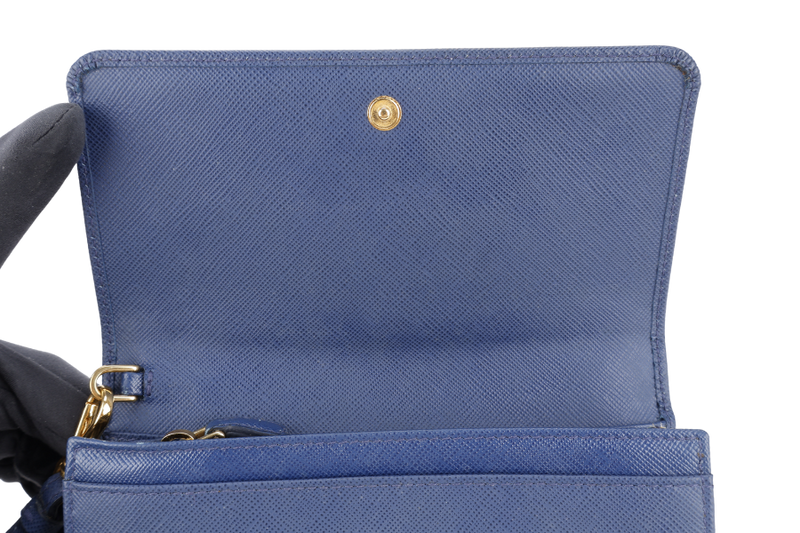PRADA WRISTLET WALLET DARK BLUE SAFFIANO LEATHER GOLD HARDWARE