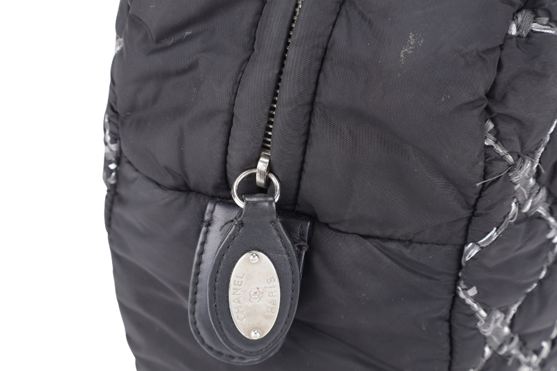 CHANEL TWEED ON STITCH BUBBLE BOWLING BAG (1519xxxx) BLACK NYLON SILVER HARDWARE NO DUST COVER