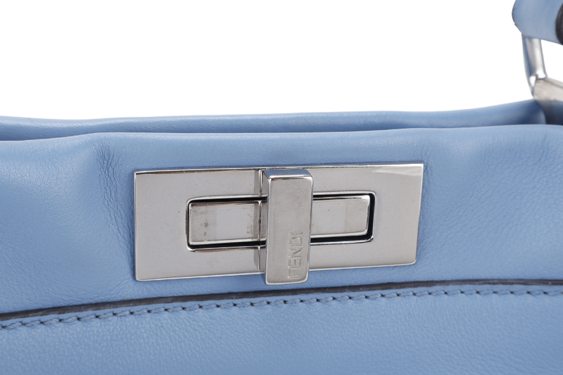FENDI PEEKABOO (8BN290-81P-188-10429) BLUE GRAINED CALF LEATHER SILVER HARDWARE WITH RAINCOAT, STRAPS AND DUST COVER
