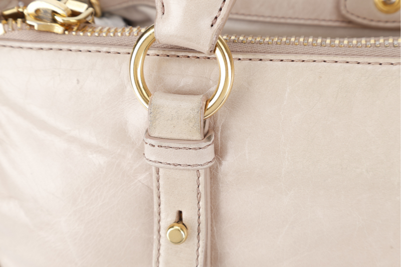 MIU MIU VITELLO LUX LARGE BEIGE BOWLER BAG GOLD HARDWARE WITH LEATHER STRAPS AND DUST COVER