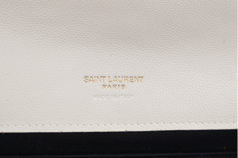 YVES SAINT LAURENT (YSL) CASSANDRE MATELASSE FLAP CLUTCH IN GRAIN DE POUDRE WHITE LEATHER GOLD HARDWARE WITH DUST COVER AND BOX