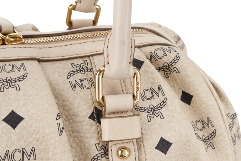 MCM BOSTON LIGHT BEIGE MONOGRAM CANVAS GOLD HARDWARE WITH KEYS, LOCK AND DUST COVER