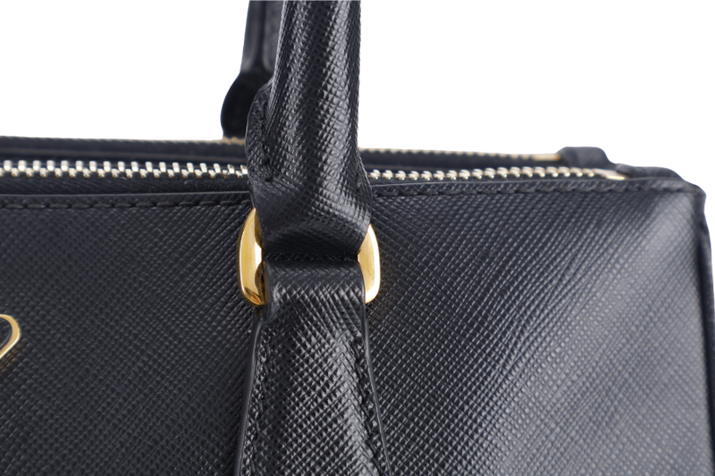 PRADA BN1801 DOUBLE ZIP SATCHEL BAG BLACK SAFFIANO LEATHER GOLD HARDWARE WITH STRAPS, CARD AND DUST COVER