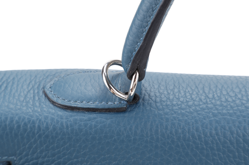 HERMES KELLY 35 BLUE COLVERT CLEMENCE LEATHER SILVER HARDWARE STAMP Q (YEAR 2013) WITH STRAPS, KEYS & LOCK , BOX AND PAPER BAG (NO DUST COVER)