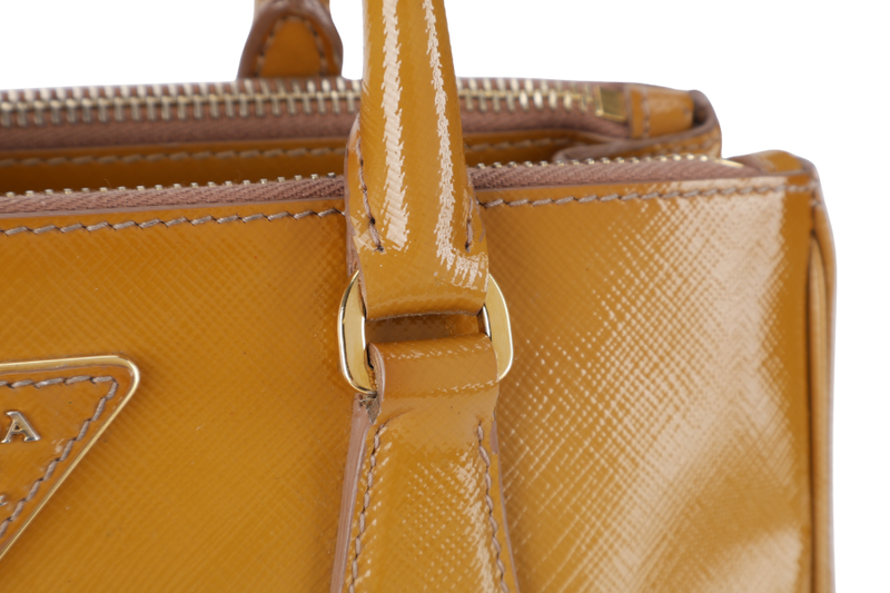 PRADA GALLERIA SMALL YELLOW GOLD SAFFIANO PATENT LEATHER GOLD HARDWARE NO DUST COVER