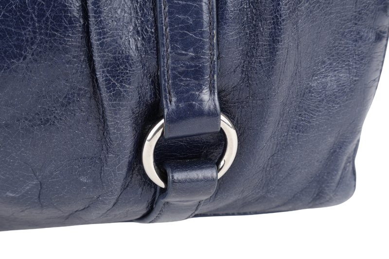 MIU MIU VITELLO SHINE SATCHEL DARK BLUE LEATHER SILVER HARDWARE WITH STRAPS AND NO DUST COVER