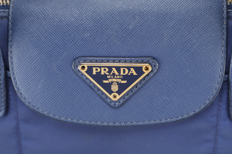 PRADA TESSUTO MEDIUM TOTE (BN2106) NAVY BLUE NYLON GOLD HARDWARE WITH CARD AND STRAPS