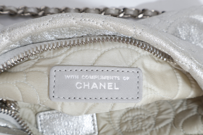 CHANEL CAMELLIA EMBOSSED SMALL SILVER METALLIC POCHETTE SILVER HARDWARE (2005xxxx) WITH CARD