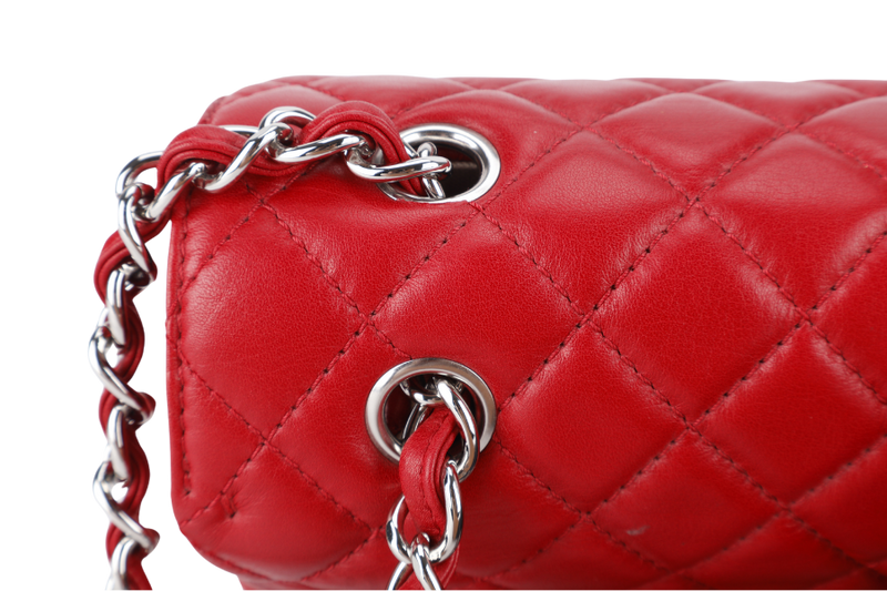 CHANEL SINGLE FLAP BAG (1444xxxx) RED QUILTED LAMBSKIN SILVER HARDWARE WITH CARD