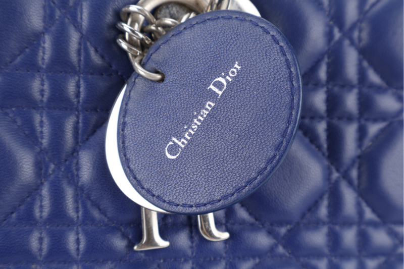 CHRISTIAN DIOR LADY DIOR (13-BO-1113) LARGE BLUE LAMBSKIN SILVER HARDWARE WITH LONG STRAPS NO DUST COVER