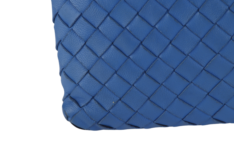 BOTTEGA VENETA INTRECCIATO CLUTCH BLUE LEATHER SILVER HARDWARE WITH DUST COVER AND BOX