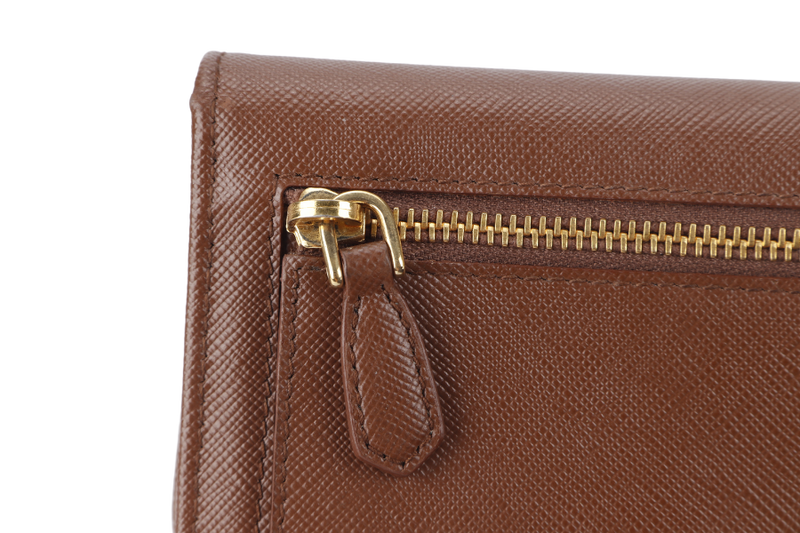 PRADA LONG WALLET BIFOLD (1M1132) BROWN SAFFIANO LEATHER GOLD HARDWARE WITH CARD