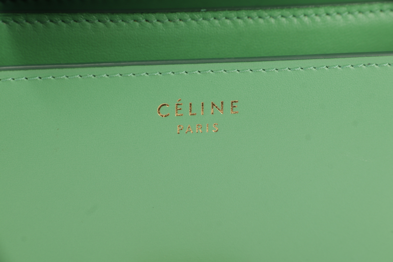 CELINE GREEN GOATSKIN MEDIUM CLASSIC BOX FLAP BAG IN PALM GOLD HARDWARE WITH STRAPS, DUST COVER AND BOX